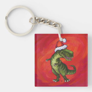 TRex Dino in Santa Hat op rood Sleutelhanger