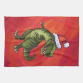 TRex Dino in Santa Hat op rood Theedoek (Horizontaal)