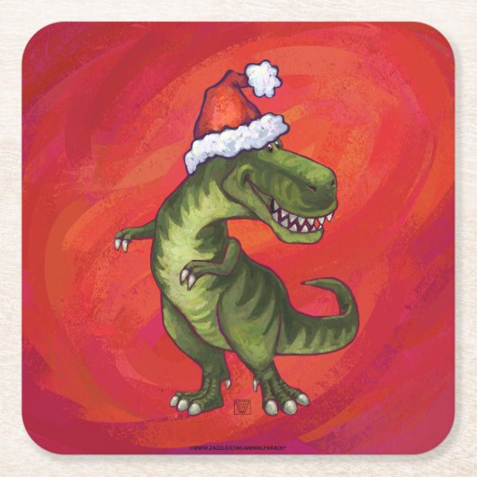 TRex Dino in Santa Hat op rood Vierkante Kartonnen Onderzetter (Voorkant)