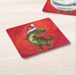 TRex Dino in Santa Hat op rood Vierkante Kartonnen Onderzetter
