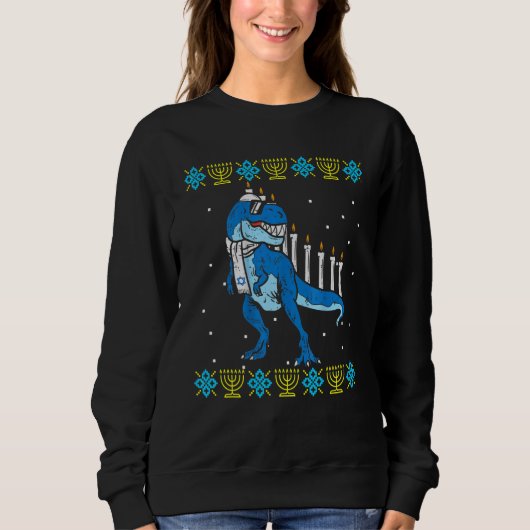 Trex Dinosaur Menorah Ugly Hanukkah Sweater Chanuk (Voorkant)
