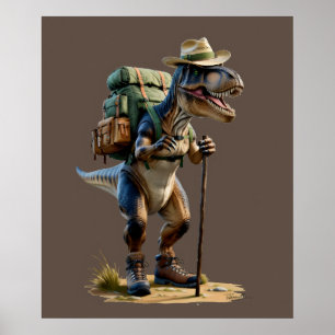 Trex dragen van pet met rugzak en wandelstok poster