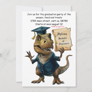 Trex in muts en toga met diploma kaart