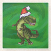 TRex in Santa Hat op groen Glazen Onderzetter (Voorkant)