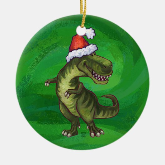 TRex in Santa Hat op groen Keramisch Ornament (Voorkant)