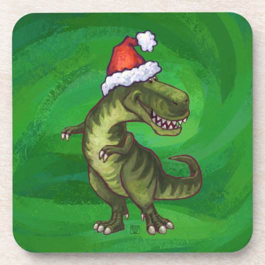 TRex in Santa Hat op groen Onderzetter (Voorkant)