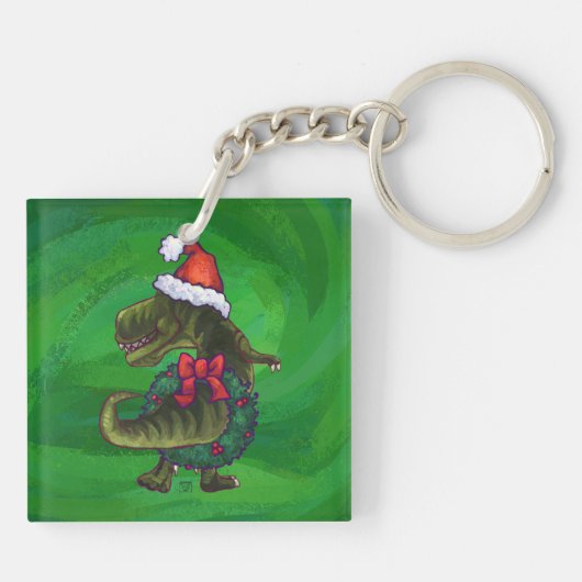 TRex in Santa Hat op groen Sleutelhanger (Achterkant)