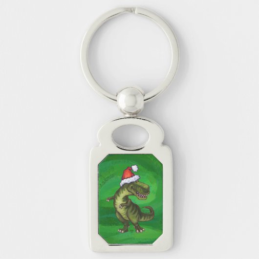 TRex in Santa Hat op groen Sleutelhanger (Voorkant)