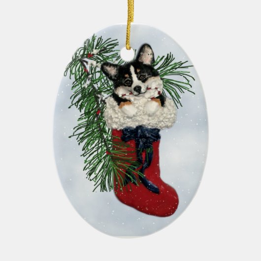 Tri-Color Corgi in het Ornament met kerststop (Voorkant)