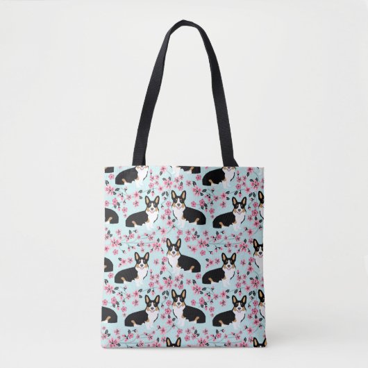 Tri Corgi Cherry Blossom - blauw Tote Bag (Voorkant)