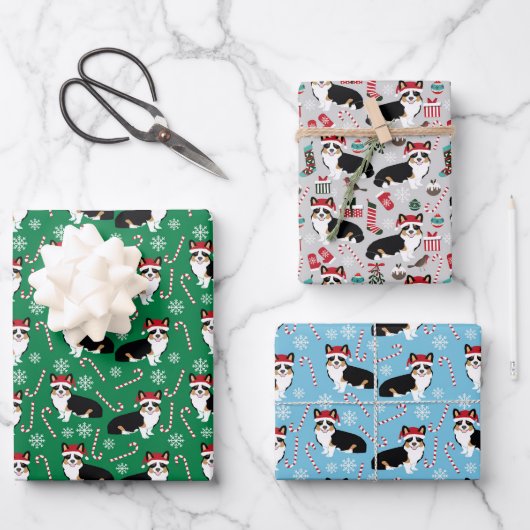 Tri Corgi Kerstfeestdag Inpakpapier Vel (Voorkant)