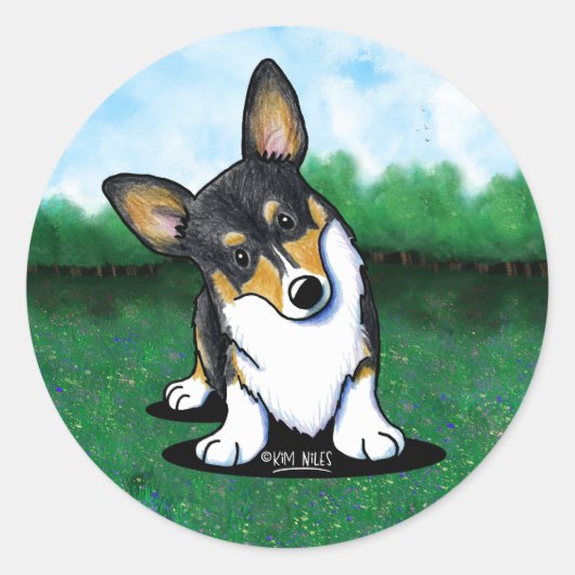 Tri Curious Corgi Classic Round Sticker (Devant)