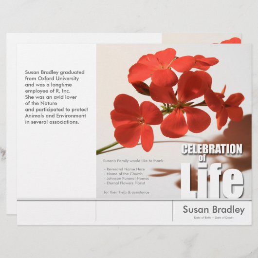 Tri-Fold Geranium Memorial Service Program Flyers (Devant / Derrière)