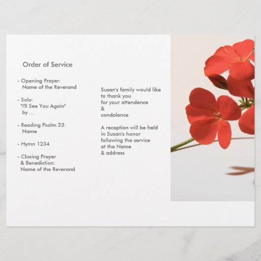 Tri-Fold Geranium Memorial Service Program Flyers (Dos)