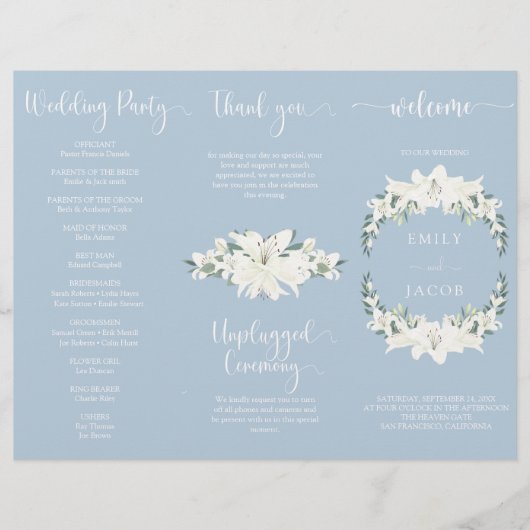 Tri-fold stoffige blauwe bloemenbruiloft programma flyer (Voorkant)