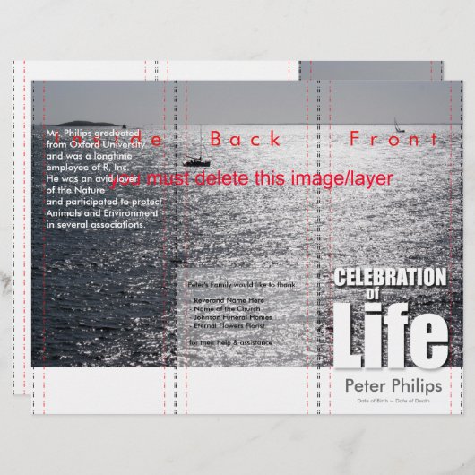 Tri-Fold Zee Aangepaste Herdenkingsdienst Programm (Voorkant / Achterkant)