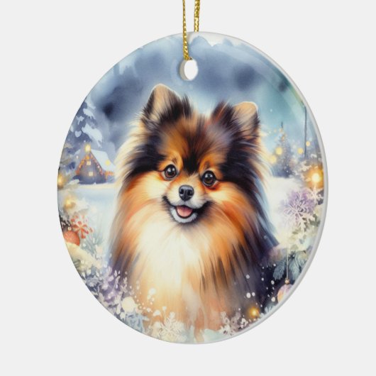 Tri gekleurde Pommerse Hond Waterverf Kerstmis Keramisch Ornament (Links)