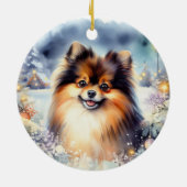 Tri gekleurde Pommerse Hond Waterverf Kerstmis Keramisch Ornament (Achterkant)
