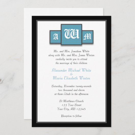 Tri-Monogram Blue Modern Wedding Invitations Kaart (Voorkant / Achterkant)