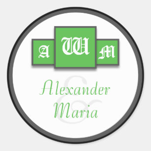 Tri-Monogram Green Modern Wedding Stickers/Seals Ronde Sticker