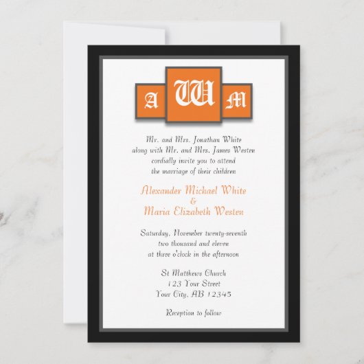 Tri-Monogram Orange Moderne Mariage Invitations (Devant)
