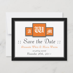 Tri-Monogram Oranje Moderne Trouw 'Save the Dates' Kaart