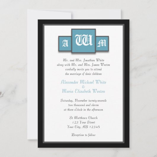 Tri-Monogramme Blue Modern Wedding Invitations (Devant)