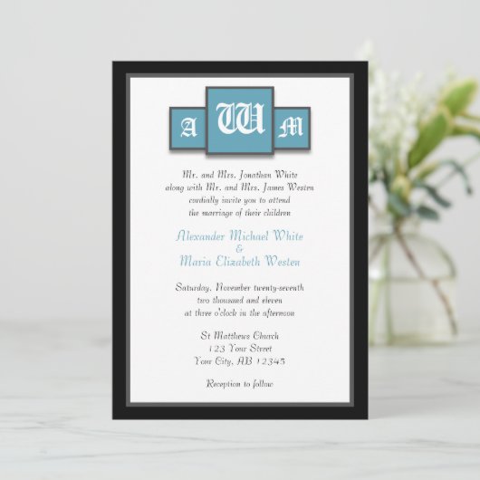 Tri-Monogramme Blue Modern Wedding Invitations (Debout devant)