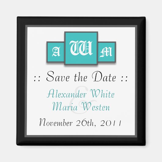 Tri-Monogramme Turquoise Magnet Réservez la date m (Devant)