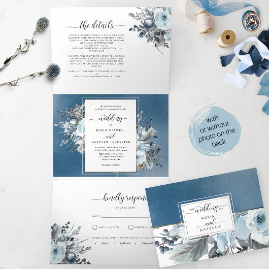 Tri-Pold Faire-part de mariage avec RSVP Blue Flor