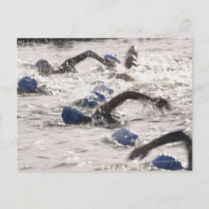 Triatleten concurreren in het zwembeen van triathl briefkaart