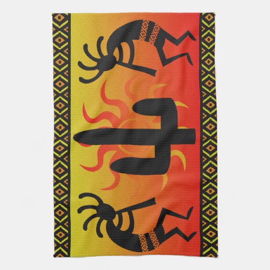 Tribaal ontwerp van de Zuidwest Kokopelli Cactus Theedoek (Verticaal)