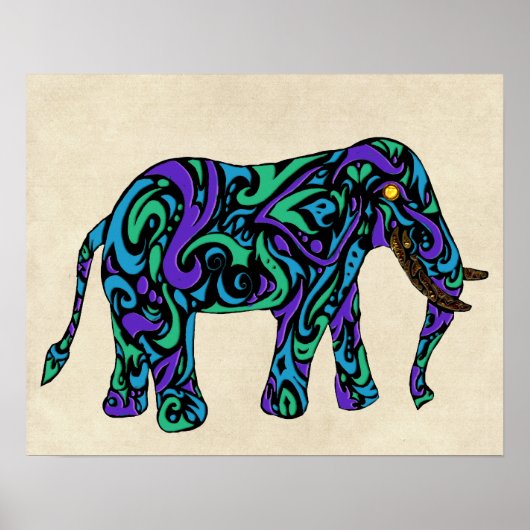 Tribaal Tattoo Elephant in Paars blauw en groen Poster (Voorkant)