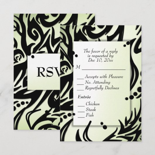 Tribal abstrait noir et vert avec menu RSVP (Devant / Derrière)