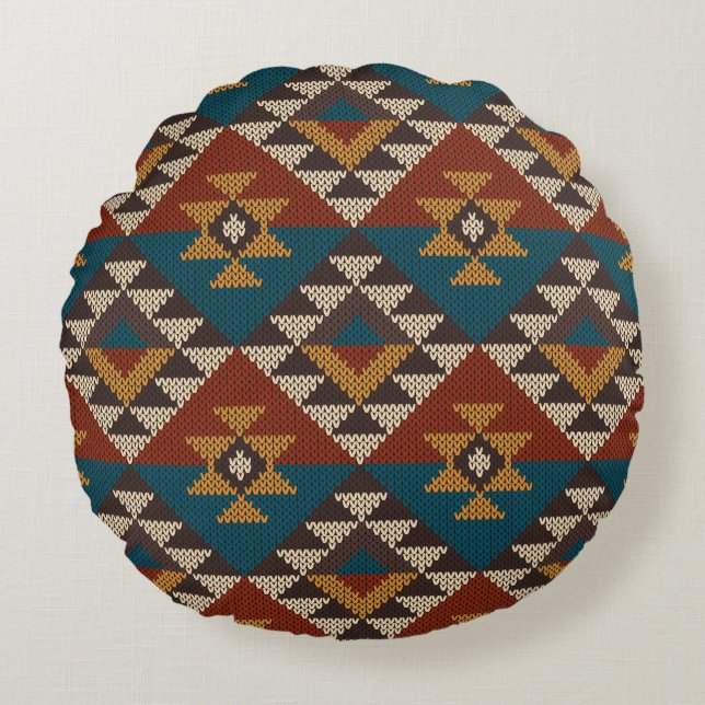 Tribal Aztec wol gebreide textuur. Rond Kussen (Voorkant)