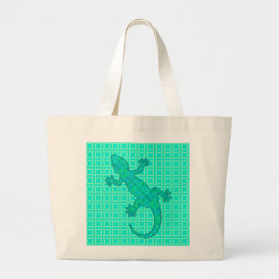 Tribal batik Gecko - turquoise / pauock Grote Tote Bag