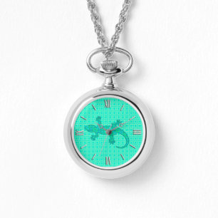 Tribal batik Gecko - turquoise / pauock Horloge