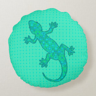 Tribal batik Gecko - turquoise / pauock Rond Kussen
