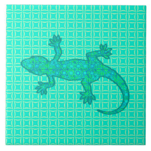 Tribal batik Gecko - turquoise / pauock Tegeltje