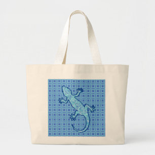 Tribal batik Gecko - zacht denim blauw Grote Tote Bag