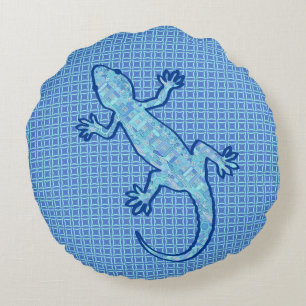 Tribal batik Gecko - zacht denim blauw Rond Kussen