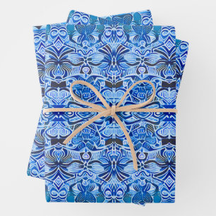 Tribal Batik Patroon in Indigo Blauw en Wit Inpakpapier Vel