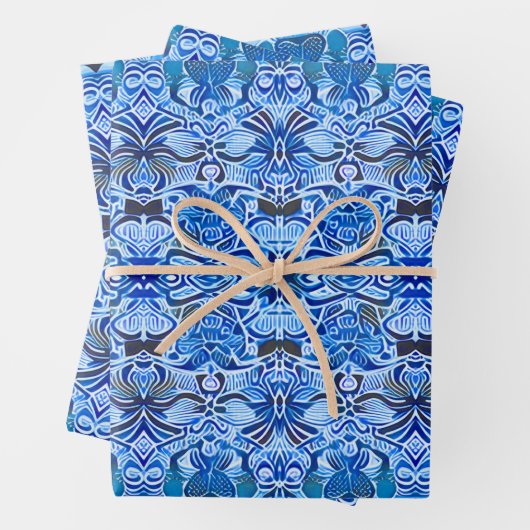 Tribal Batik Patroon in Indigo Blauw en Wit Inpakpapier Vel (In situ)