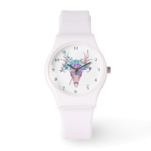 *~* Tribal Beachy Antlers Horn Skull Boho Flowers Horloge