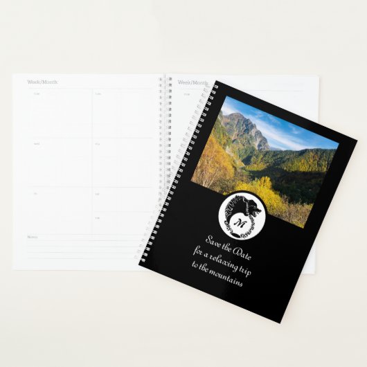 Tribal Black Wolf Silhouette Laurel Monogram Foto Planner (Display)