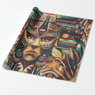 Tribal Blauwgroen "Meso-Amerikaans Motief" Matte W Cadeaupapier