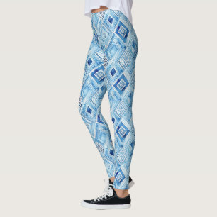 Tribal Boho Blue Squares Leggings