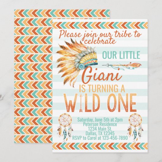 Tribal Boho Headdress Birthday Party Invitation Kaart (Voorkant / Achterkant)