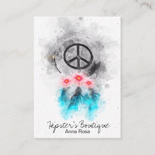 *~* Tribal Boho Peace Sign Flowers Feathers Grunge Visitekaartje (Voorkant)