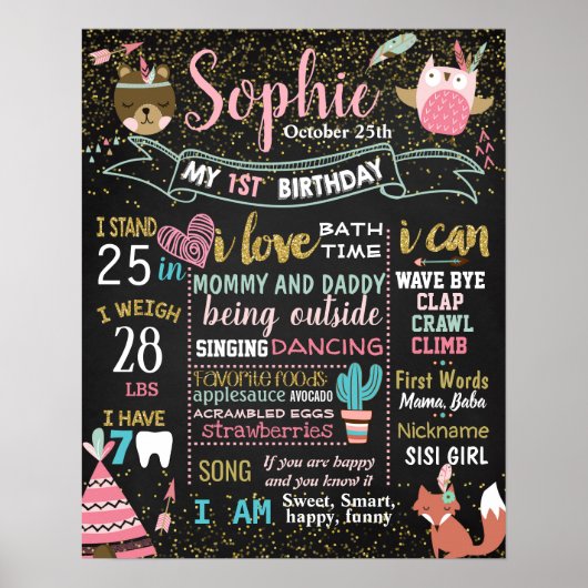 Tribal Boho WIld One Woodland First Birthday sign Poster (Voorkant)
